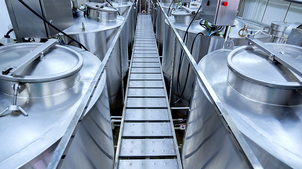 stainless steel equipment at dairy factory